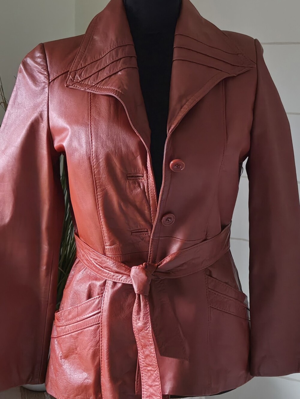 Rare Vintage B&R Cognac Leather Safari Mid Trench Coat Western 70s Fur Lined S M
